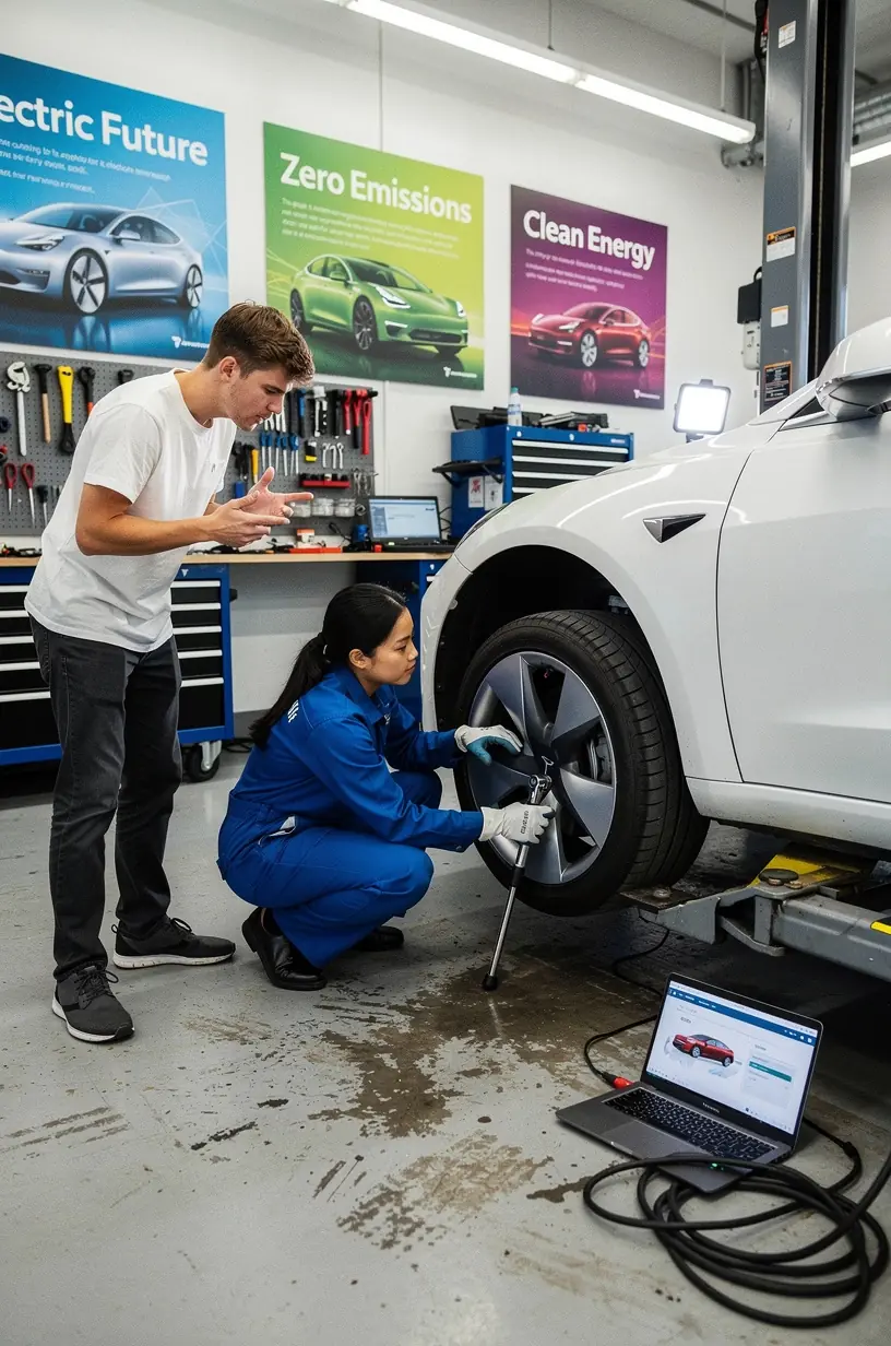 Konsultacja klienta z ekspertem ds. pojazdów elektrycznych w nowoczesnym studio obsługi Los Angeles.